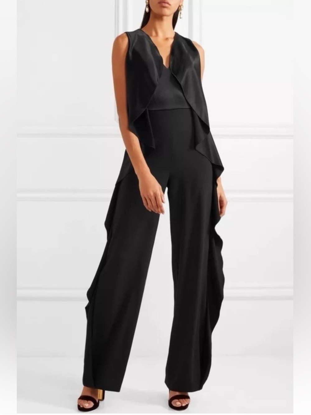 Alice + Olivia Sarandon Side Ruffle Jumpsuit Black Sleeveless Size 6